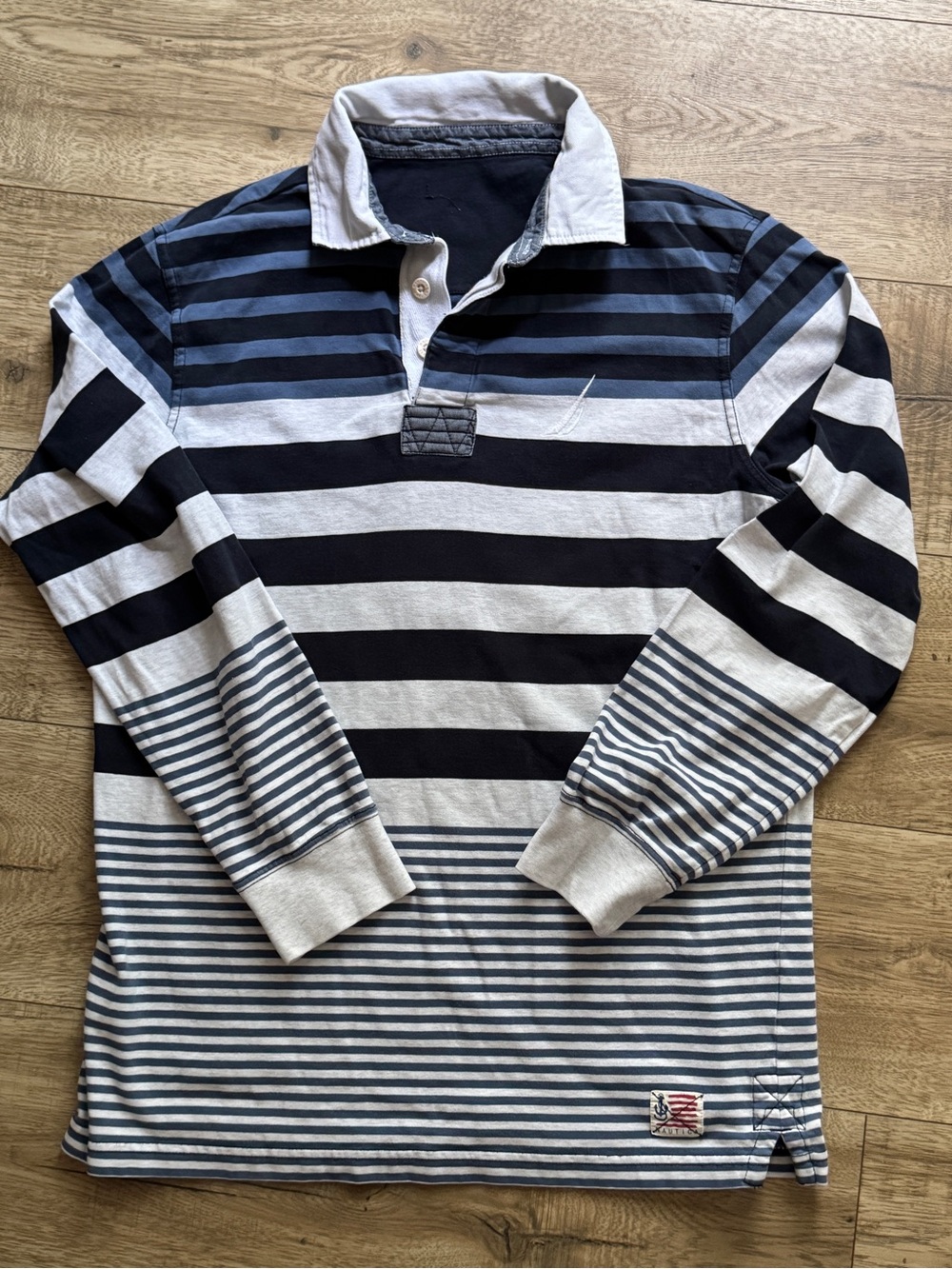 Vintage 90s Nautica Navy and White Striped Long-Sleeve Rugby Polo Cotton USA